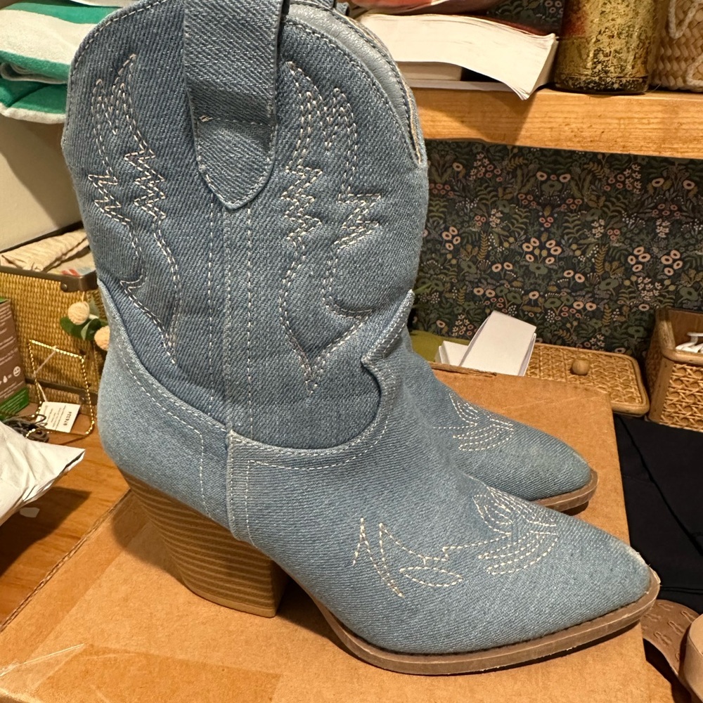 SHEIN Blue Ankle Boots with Embroidered Design